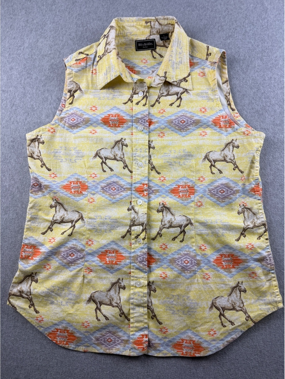 Bit & Bridle Womens L Horse Print Sleeveless Shirt Southwestern Western Aztec